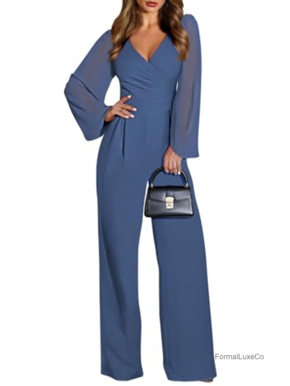 Elegant V-Neck Wide Leg Jumpsuit with Chiffon Sleeves for Wedding Guest Party